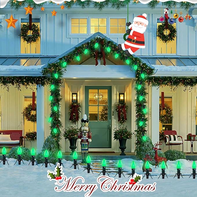 25 Pack C9 Christmas Green LED Light Bulb,Vintage Plastic C9 Ceramic Replacement Bulbs Watterproof C9/E17 Intermediate Base 0.6 Watt Great for Night Lights Christmas Patio String Lights