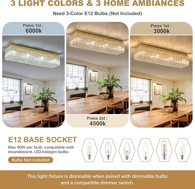 40 Inches Crystal Chandeliers for Dining Room, Gold Modern Ceiling Light for Living Room, Flush Mount Chandelier, Light Fixture for Entryway, Foyer, 8 Bulbs(Not Inclubed), E12 Base