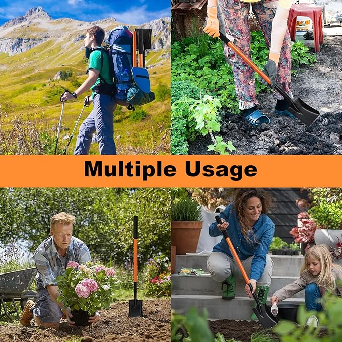 Small Square Shovel 43.3Inches Small Shovel with Metal Handle Garden Tool for Camping Farming Gardening Digging, Orange