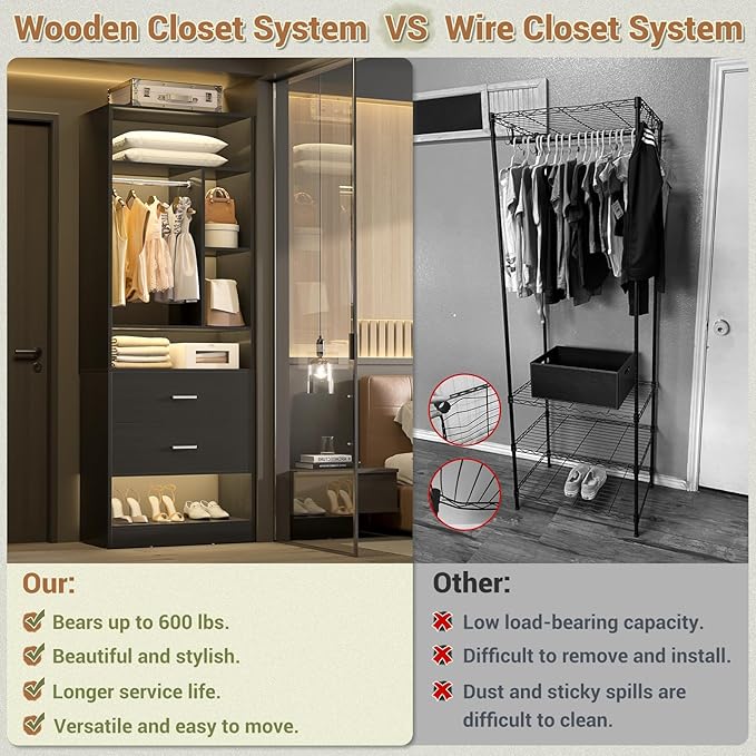 4FT Closet System with 4 Wood Drawers, 48" Closet Organizer System with 10+ Small Shelves & 2 Hanging Rods, Walk-in/Nursery Closet Systems, Set of 2, Black (48" L x 15" W x 80" H)