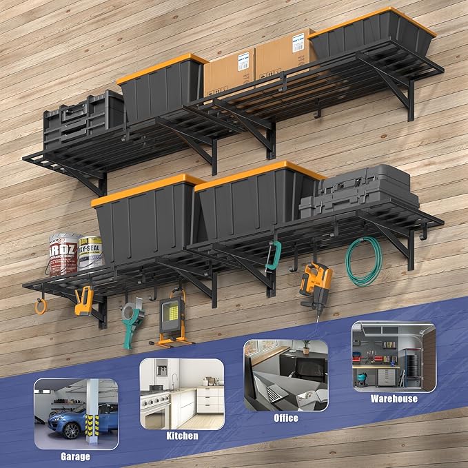 4-Pack 1.5x4ft Garage Shelving Wall Mounted, 1.5 x 4' Heavy Duty Garage Storage Shelves with Hooks, 800LB Capacity