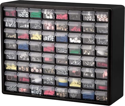 Akro-Mils 64-Drawer Plastic Drawer Storage Cabinet for Garage Organization, Bead Organizer, Building Bricks Storage, Teacher Toolbox, Makeup Organizer, 20" W x 6" D x 16" H, 10164 Black