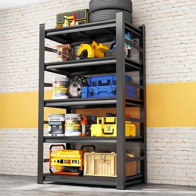 Garage Shelving Units, Heavy Duty 5-Tier Storage Shelves, Metal Adjustable Storage Rack, Steel Shelves, 2750 lbs Capacity, Industrial Shelving for Heavy Tools (Black, 15.74"Dx35.43"Wx72.04"H, 5-tier)