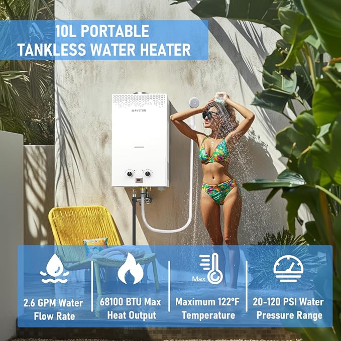 Water Heater Tankless, VANSTON Propane Water Heater Outdoor, 10L 2.64 Portable Water Heaters, Instant Hot Water, Overheating Protection, Easy Installation & Lightweight for RV, Camping
