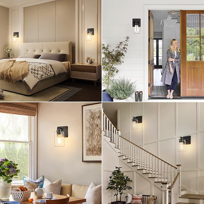 Set of 2 Wall Sconces for Bathroom, Modern Vanity Light Fixtures, Matte Black Wall Mount Lighting Lanterns, Farmhouse Wall Lights with Clear Glass Shade for Bedroom Living Room Mirror Hallway Kitchen