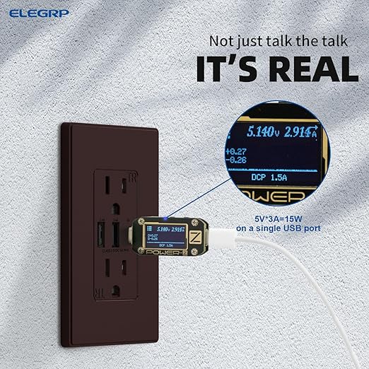 ELEGRP USB Outlets Receptacles, 3-Port Wall Outlet, 30W 6.0A Electrical Outlet, 15 Amp Tamper-Resistant Outlet with Type C Ports, UL Listed, Wall Plate Included, 2 Pack, Matte Brown