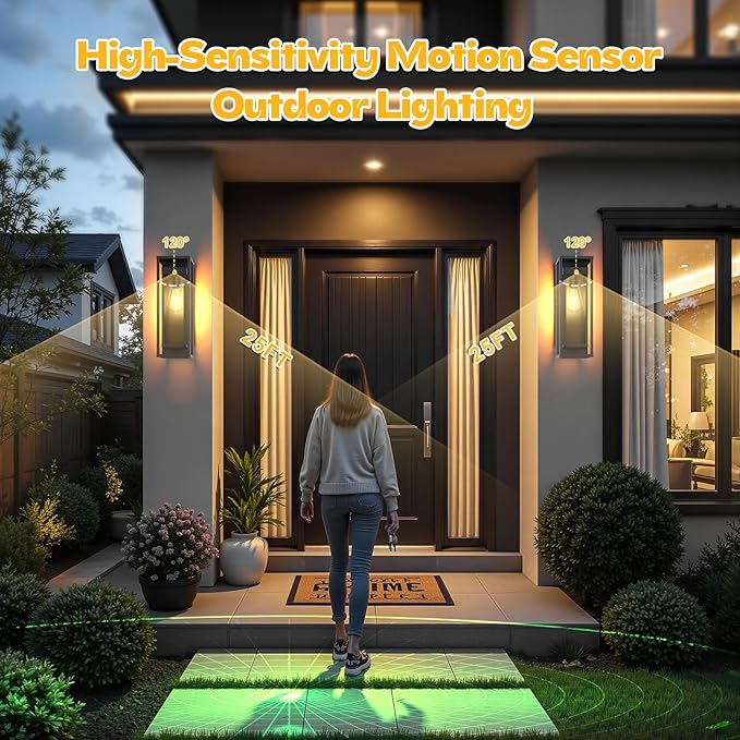20in Outdoor Wall Light Motion Sensor-Black Modern Sconce Waterproof Exterior Lighting Fixture E26 Socket Porch Lights Extra Large Lantern for Entryway Patio House Garage 2Pack