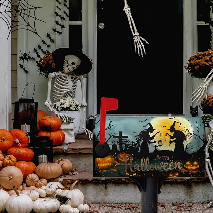 Halloween Witch Moon Mailbox Covers Magnetic 21 x 18 Inch Halloween Pumpkin Lanterns Seasonal Pattern Home Houses Mailbox Wraps Letter Box Cover Decorations Standard Size for Outdoor