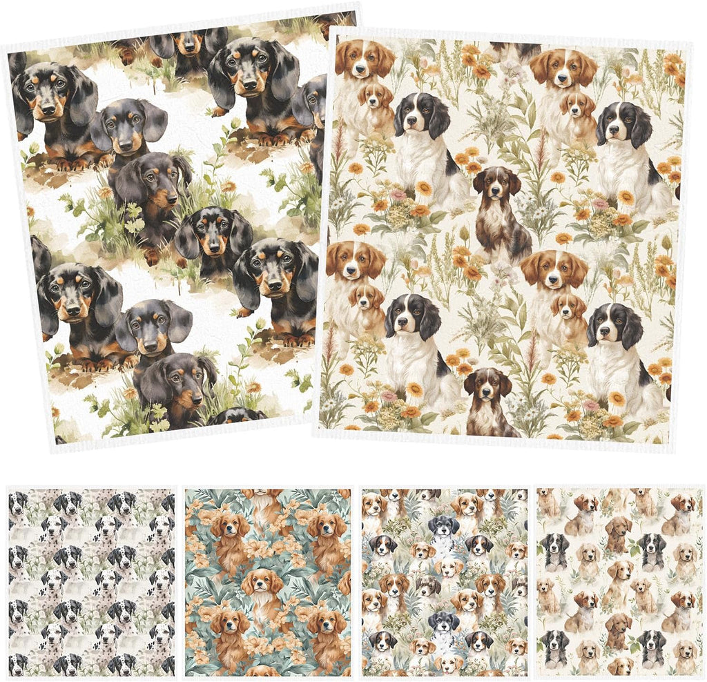 Swedish Dishcloths for Kitchen, 6PCS Cute Dog Swedish Dish Cloths Gift Set, Reusable Absorbent Cellulose Sponge Doggie Dish Towel for Home Cleaning(7.8 X 7 Inches)