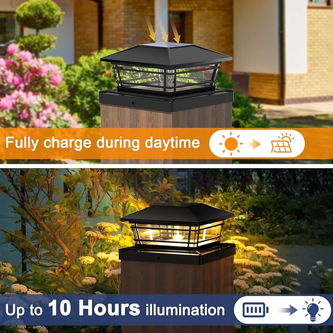 Solar Post Cap Lights Outdoor 6 Pack [LED Bulb, 2 Brightness Setting] Fence Post Solar Lights Waterproof for 4x4 5x5 or 5.5x5.5 Wood Posts, Warm Bright Bulb Lighting for Garden Deck Yard