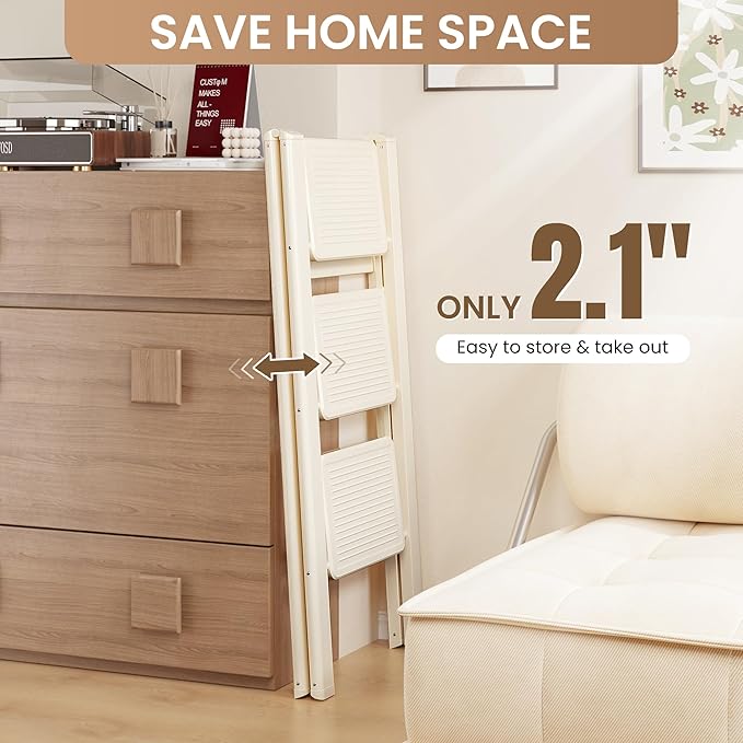 GameGem 3 Step Ladder Folding Step Stool with Wide Anti-Slip Pedal, 330LBS Capacity, Lightweight Portable Stepladder for Home and Kitchen Use, Cream White