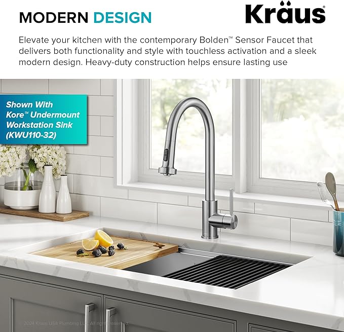 KRAUS Bolden Motion Sensor Single Handle Pull Down Touchless Kitchen Faucet in Spot-Free Stainless Steel, KSF-1616SFS
