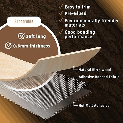 GSCIT Club Birch Wood Veneer, 8 inch x 25ft Wood Edge Banding Pre-glued Flexible, 7.87 inch Veneer Tape Banding for Cabinet Repair Furniture Restoration