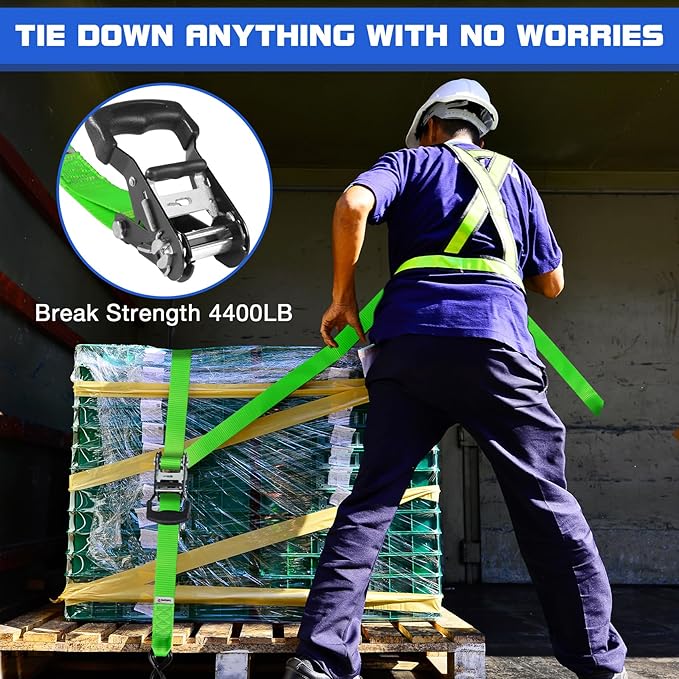 Ratchet Tie Down Straps Set Heavy Duty 4 Pack 10 FT 4400 LB 1.5 Inch Motorcycle Tie Down Strap for Cargo/Pickup Truck Bed Toolbox Accessories,Moving Stuff,Dirtbike,Roof Rack Tie Downs Kit Ropes-Green