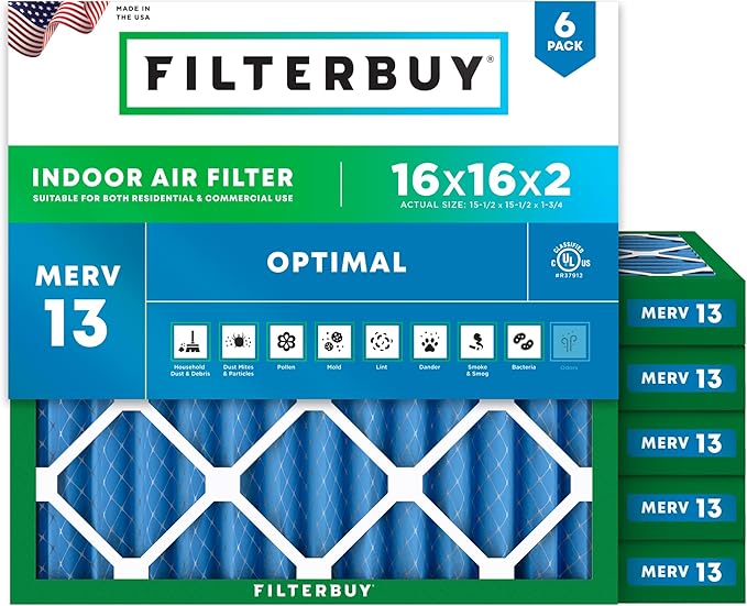Filterbuy 16x16x2 Air Filter MERV 13 (MPR 1900) Health Defense Replacement (6-Pack), Electrostatic Pleated HVAC AC Furnace Filters, Made in USA (Actual Size: 15.50 x 15.50 x 1.75)