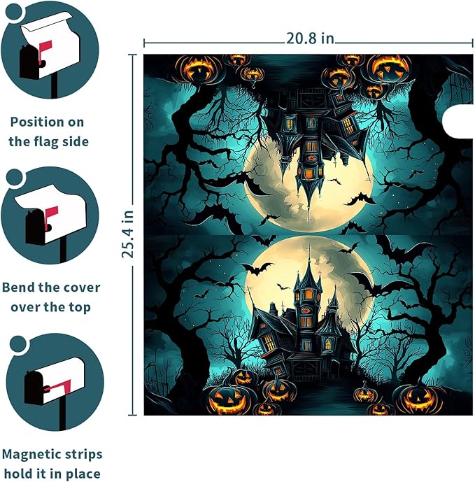 Halloween Mailbox Covers Magnetic Spooky Pumpkin Castle Bat Scary Night Happy Halloween Seasonal Holiday Post Letter Box Cover Standard Size 25.5x21 Inch for Garden Yard Decor
