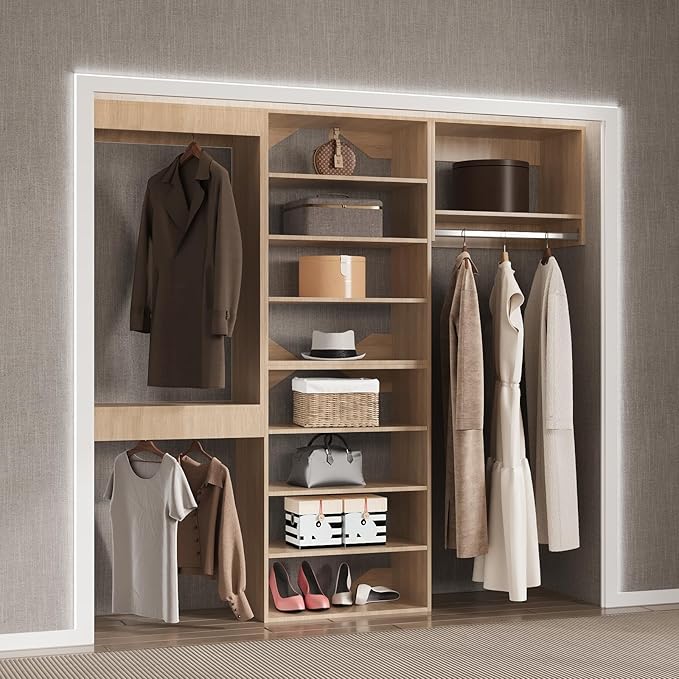 Modular Closet Organizer, 90" Wide Wardrobe Tower System with Towers and Hanging, Wall Mounted, Bedroom, Wood
