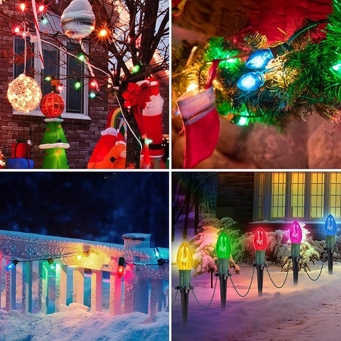 25 Pack C9 Replacement Bulbs Clear Multicolor Christmas Lights, C9 Colorful Light Bulb (Red, Blue, Green, Yellow, Pink) for Hanging Vintage Christmas Lights Outdoor, 7W, 120V