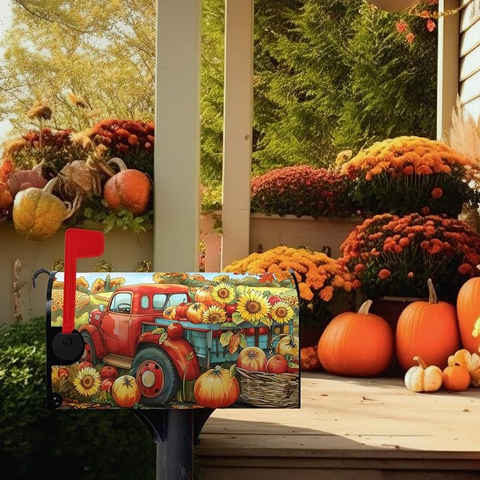 Fall Autumn Pumpkins Mailbox Covers Magnetic Large Size 25.5 X 21 Inch Autumn Harvest Yellow Sunflower Mailbox Wraps Cover Red Truck Thanksgiving Letterbox Cover for Garden Yard Outdoor Decor