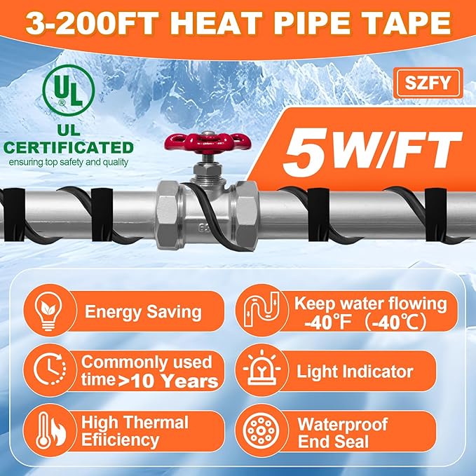 24FT Heat Tape for Water Pipes, -40°F Deicing Cable,Pipe Heating Cables for Roof,Gutter，Farm，Freeze Protetion Heat Trace Cable, Heated Water Hose,Plumbing Fixtures,120V 5W/FT