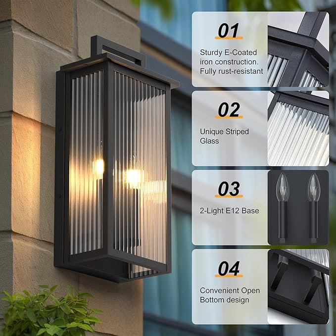 17.92INCH Large Outdoor Wall Lights, Dusk to Dawn Outdoor Lighting with Elegant Striped Glass, Waterproof Exterior Lighting Fixtures Modern Outside Sconce for Porch, Patio, Doorway
