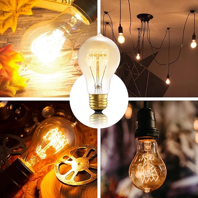 A19 Incandescent Light Bulbs 60 Watt,120v Edison Bulbs Dimmable 2200k Warm Yellow E26 Base, Antique Retro Style Incandescent Bulb, Amber Glass Squirrel Cage Filament Decorative Lamp, 6Pack