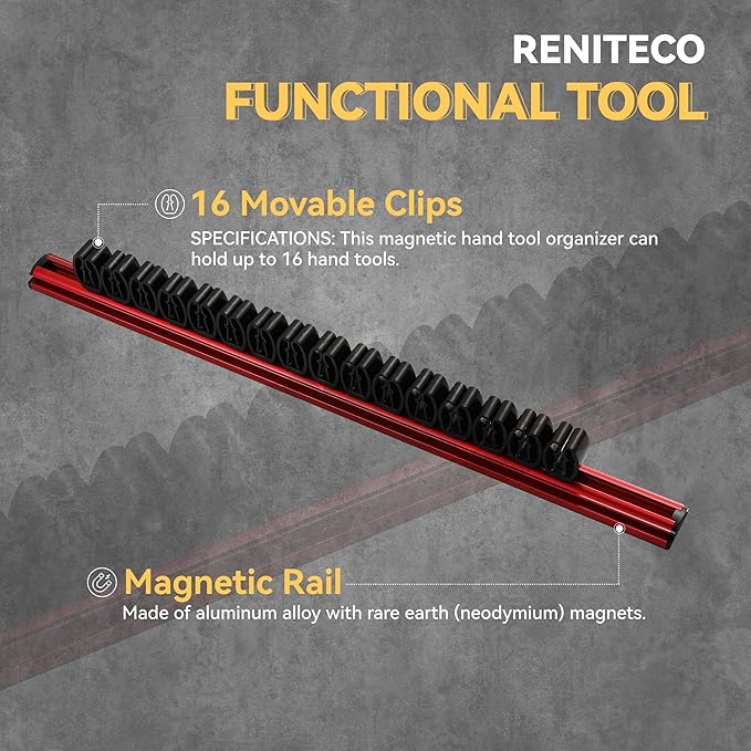 Magnetic Screwdriver Organizer, Aluminum Alloy Rail Tool Holder, Fits Up to 16 Screwdrivers (Red)