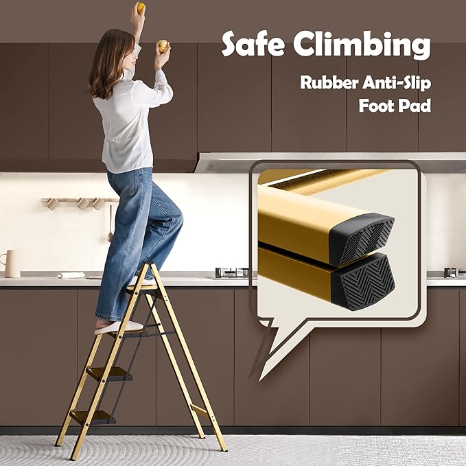 Taranta 4 Step Ladder,Aluminum Lightweight Folding 4 Step Stool with Anti-Slip Wide Pedal,330lbs Capacity Step Ladder for Household,Kitchen,Office - Gold
