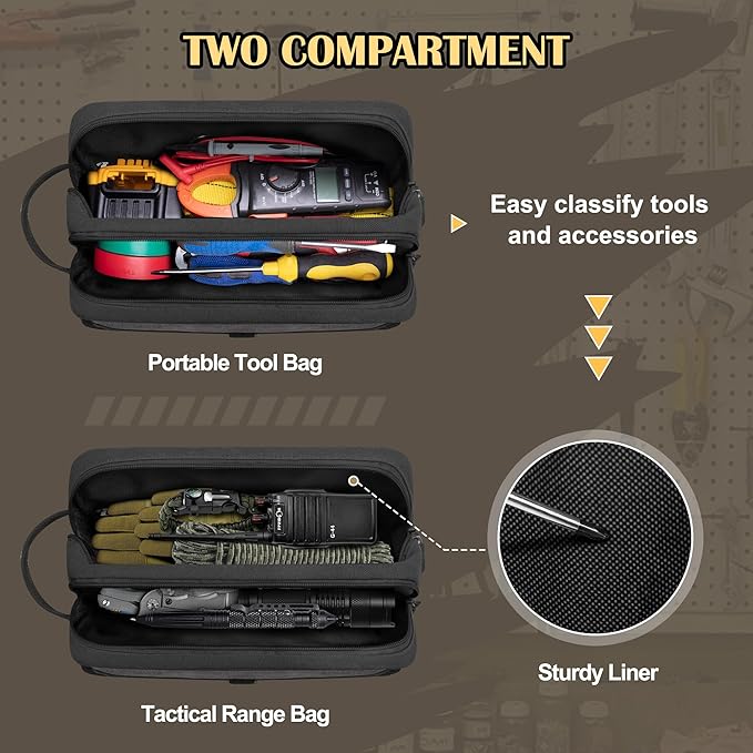 Small Canvas Tool Pouch with Zipper, 12 Inch Tool Organizer Bag, Double Layer Utility Storage Bag with Shoulder Strap for Electrician, Black/Gray (Empty Bag)