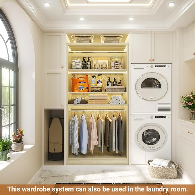 Unikito 3FT Freestanding Closet System with 2 Hanging Rods & Adjustable Shelve, 36'' Wood Closet Organizer System, Clothes Garment Rack, Sturdy Walk-in Closet Wardrobe Tower, Easy Assembly, White Oak