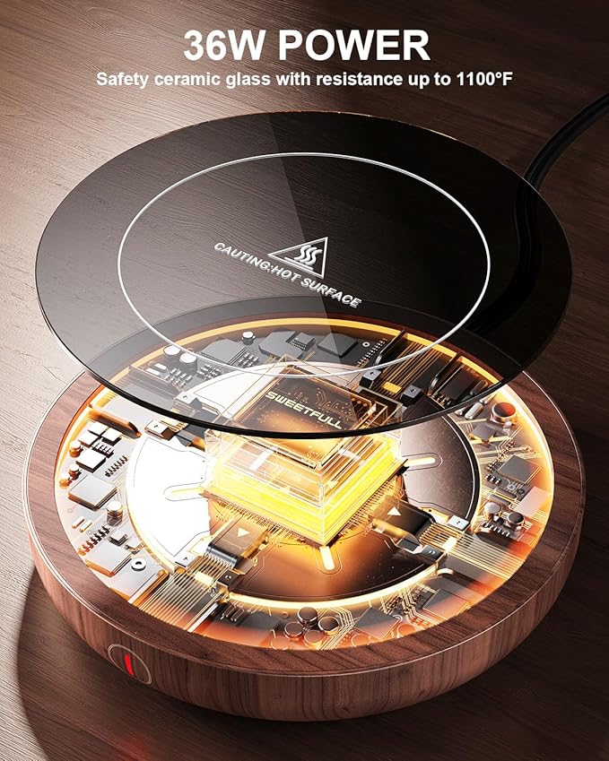 SWEETFULL Coffee Mug Warmer, 36W Electric Cup Warmer for Desk with 3-Temp Settings Advanced Temperature-Controlled Heating Coffee Gifts Accessories for Women Men Milk, Tea, Candle - Wood