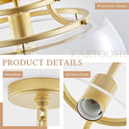 Industrial Round Chandelier Rustic Ceiling Light Fixture Farmhouse Pendant Light with Clear Glass Shade for Dining Room Hallway Entryway Kitchen Bedroom, Gold