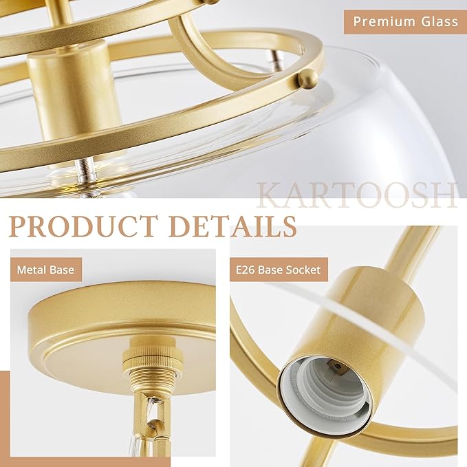 Industrial Round Chandelier Rustic Ceiling Light Fixture Farmhouse Pendant Light with Clear Glass Shade for Dining Room Hallway Entryway Kitchen Bedroom, Gold