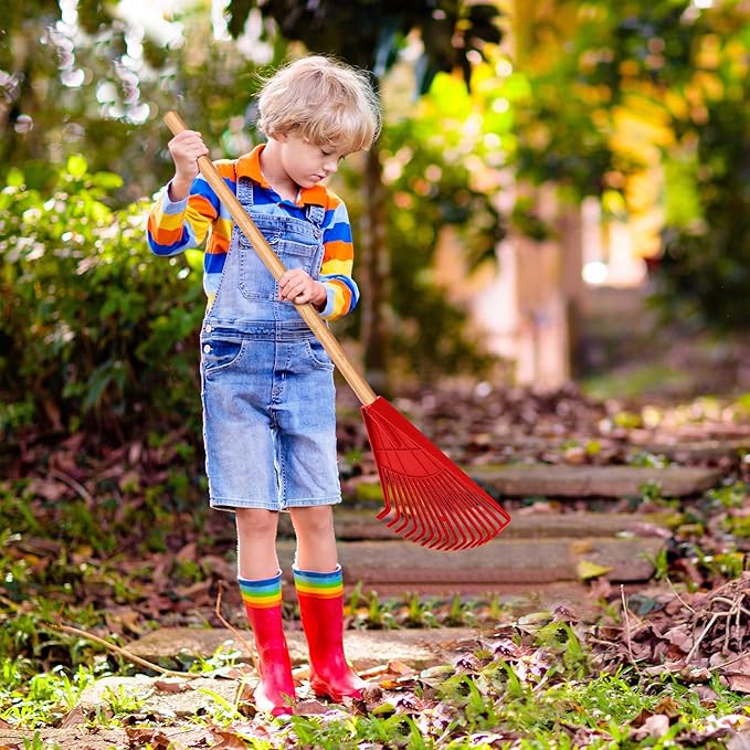Macarrie Pack of 3 Kids Rakes with Hardwood Handle Lawn Garden Rake for Kids Gifts to Sweep Fall Leaves in Lawn and Tidying up The Garden Made of Wood and Plastic, 34.6 Inch(Red)