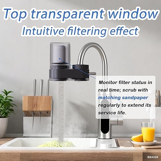 VYNTRA Faucet Water Filter, 7-Layer Kitchen Filter Water Faucet Element, 350 Gallons Activated Carbon Ceramic Filter Reduces 99% Chlorine, Limescale, Heavy Metals (2*Filter & 6*Adaptors) Gray