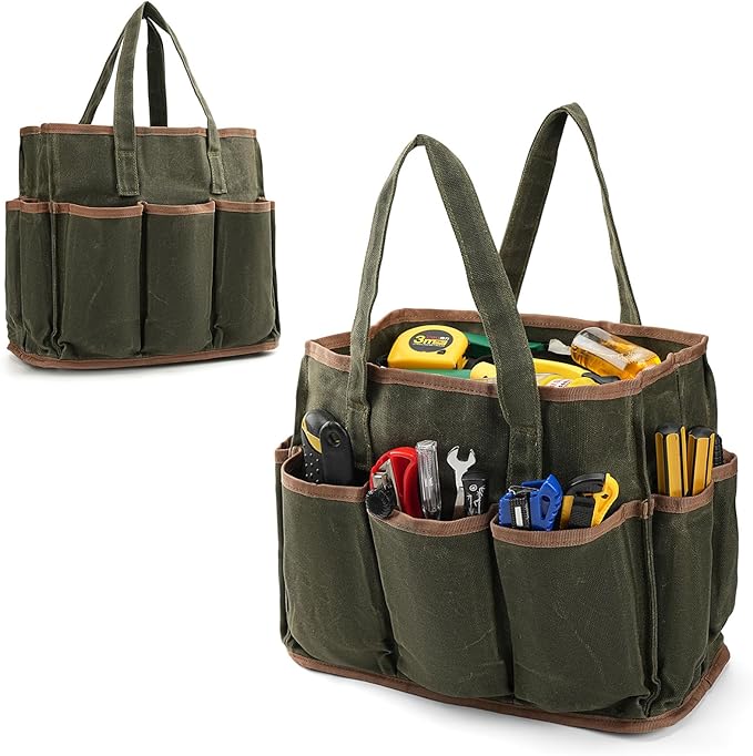 13in Tool Bag, Heavy Duty 19oz Waxed Canvas Bag 11-Pocket Portable Tool Bag Organizer Storage Toolbox for Gardener Welders Electrician Working Men Mechanic
