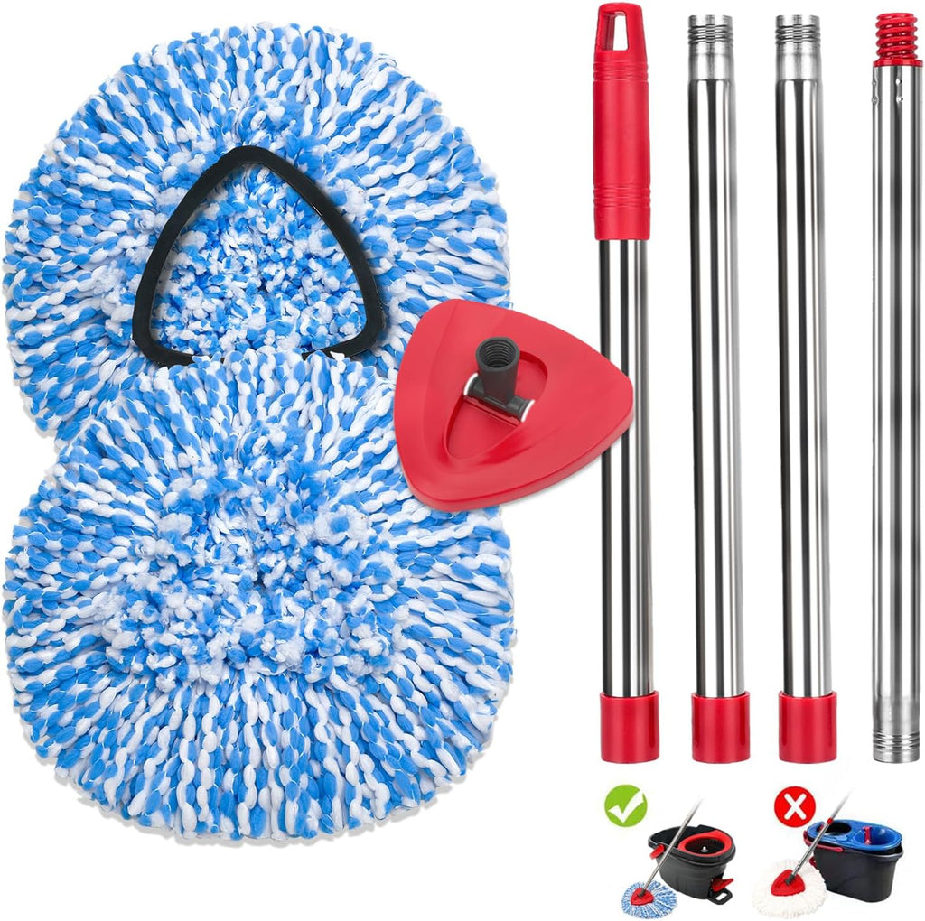 2 Pack Spin Mop Replace Head Compatible for Oceda EasyWring 1 Tank Triangle System, Microfiber Replacement Head Refills for 5.9inch Core, Included Base and 30-58in Handle