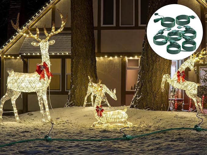 50Ft Outdoor Extension Cord Multiple Plugs- Evenly Spaced 6 Outlets Plugs with Safety Cover, 16/3 SJTW Green Outdoor Extension Cord for Landscape, Christmas Tree Lights, Holiday, ETL Listed