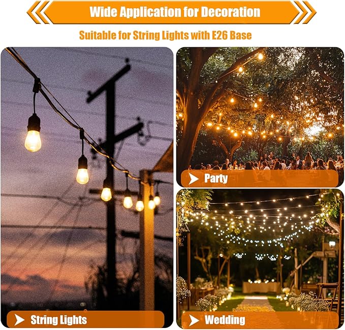 15 Pack Replacement Bulbs for String Lights, 2W S14 Shatterproof Waterproof LED Outdoor Light Bulbs, 2700K Soft White, E26 Base, AC120V, Not Dimmable