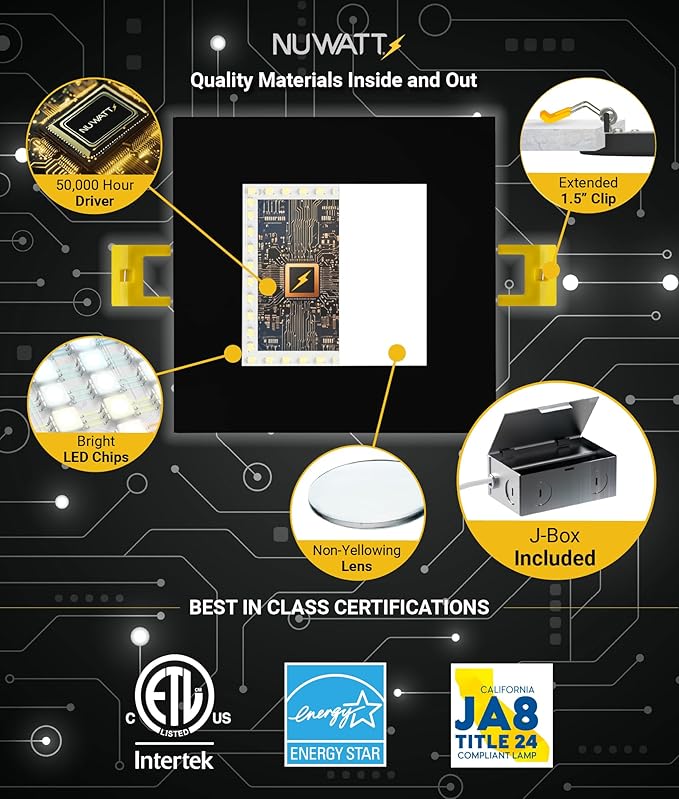 NUWATT 12 Pack 4 Inch Square Ultra-Thin LED Recessed Lighting, Selectable 2700K/3000K/3500K/4000K/5000K, 630 Lumens Dimmable, IC Rated, Black Slim Panel Light, Canless Wafer Lights, Metal J-Box