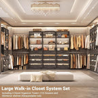 Aheaplus Closet System with 12 Drawers, 8.5-11.5Ft Wood Closet Organizer System with 4 Hanging Rods & 3 Towers, 4Ft & 6Ft L-Shaped Walk-in Closets Wardrobe Organizer Clothes Rack, Set of 3, Black Oak