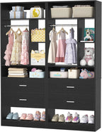 4FT Closet System with 4 Wood Drawers, 48" Closet Organizer System with 10+ Small Shelves & 2 Hanging Rods, Walk-in/Nursery Closet Systems, Set of 2, Black (48" L x 15" W x 80" H)