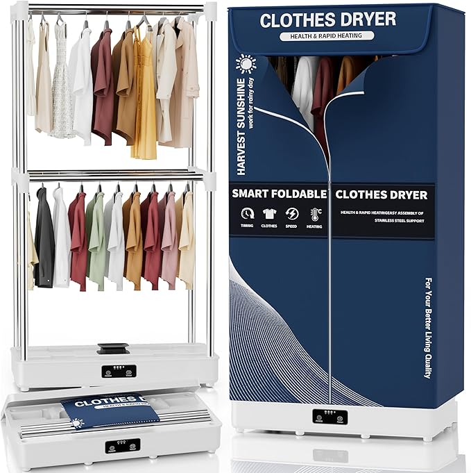Clothes Dryer, Portable Foldable Drying Machine with Timer, Easy Carry Laundry Drying Wardrobe with Large Capacity, Electric Dryer/Rack for Home | Appartments | RV (Blue DF1)