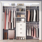 96 inch Closet System with 3 Wooden Drawers, Closet Organizer System with Storage Shelves Cutable, Wall-mounted Closet System with 3 Adjustable Hanging Rods for Walk-in Closet, White