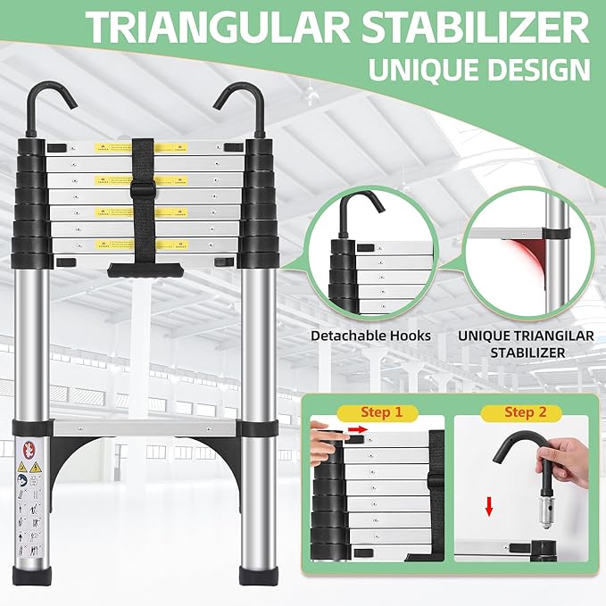 Telescoping Ladders 8.5 FT Aluminum Ladder - One-Button Retraction Collapsible Telescopic Ladder for Home,RV,Attic & Loft, Lasts 330 LBS with 2 Triangle Stabilizers and 2 Detachable Hooks
