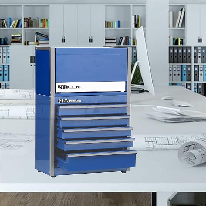 P.I.T. Mini Blue Tool Box, Portable 3 Drawer Steel Stackable Tool Box with Magnetic Tab Locking, Blue Micro Top Chest with Liner for Tools Storage and Organizers, Home DIY