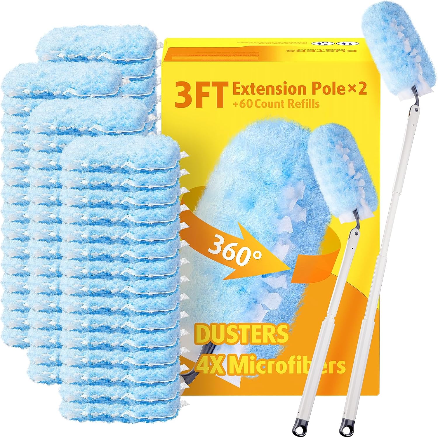 60 Count Heavy Duty Duster Refills with Two 3 ft Extendable Handle Starter Kit, Compatible with Swiffer Disposable Microfiber Feather Dusters for Cleaning Home