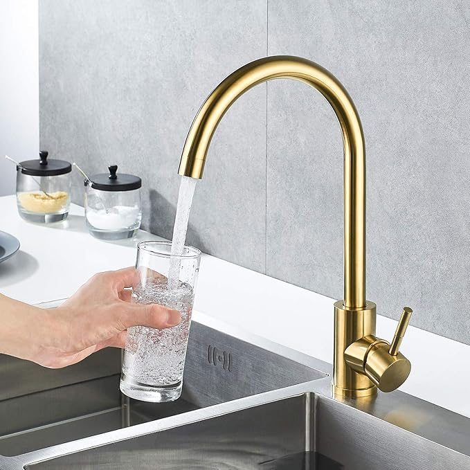 Single Handle High Arc Brushed Gold Kitchen Faucet Stainless Steel Commercial Single Hole Kitchen Sink Faucet,Modern One Hole Bar Sink Faucet(Brushed Gold)