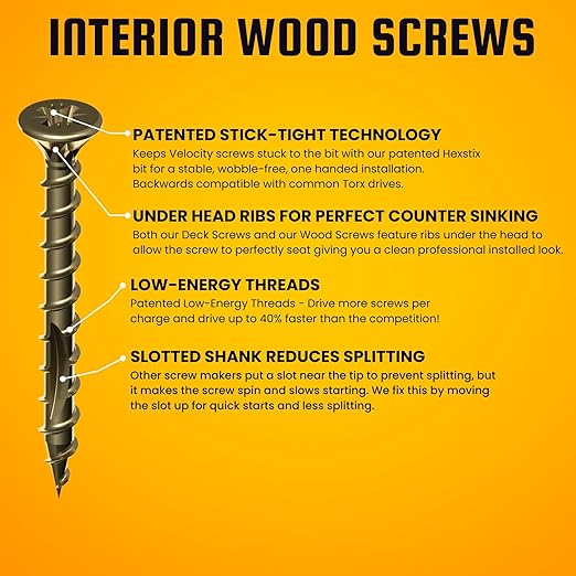 Velocity Interior 2 Inch Wood Screws DIY Pack (Size #8, 75 Pcs) – Zinc and Yellow Coating, Stick-Tight Technology, Screw for Wood Working with PSD ACR Driver Bit