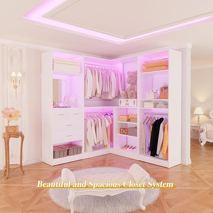 Unikito 86” Closet System, Large Corner Closets Organizer with Hanging Rods and Mirror Design, Freestanding Adjustable Wood Clothes Garment Rack with Drawers, Sturdy Walk in Closet Tower, White